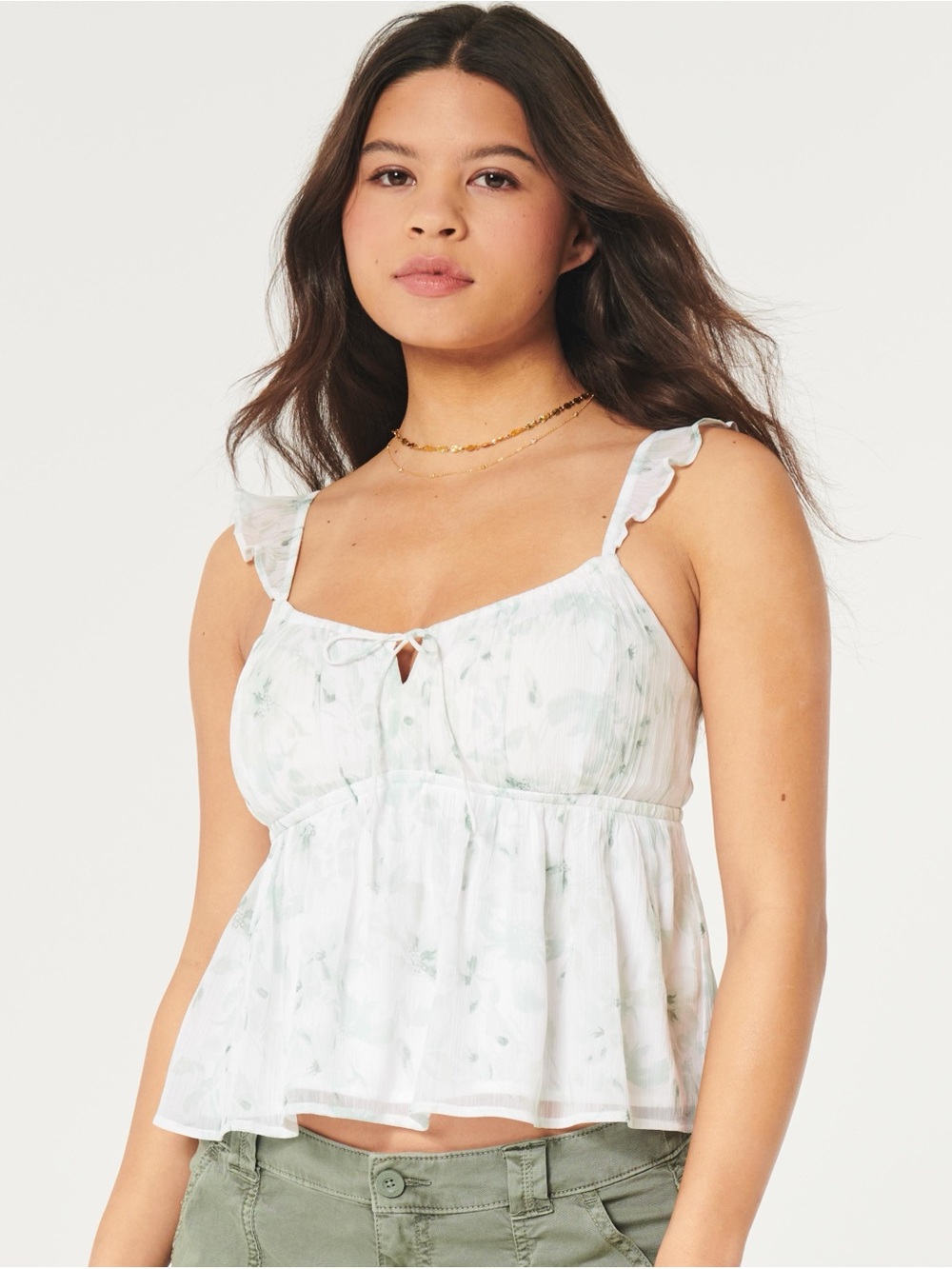 Hollister White Floral Ruffle Strap Tank Top